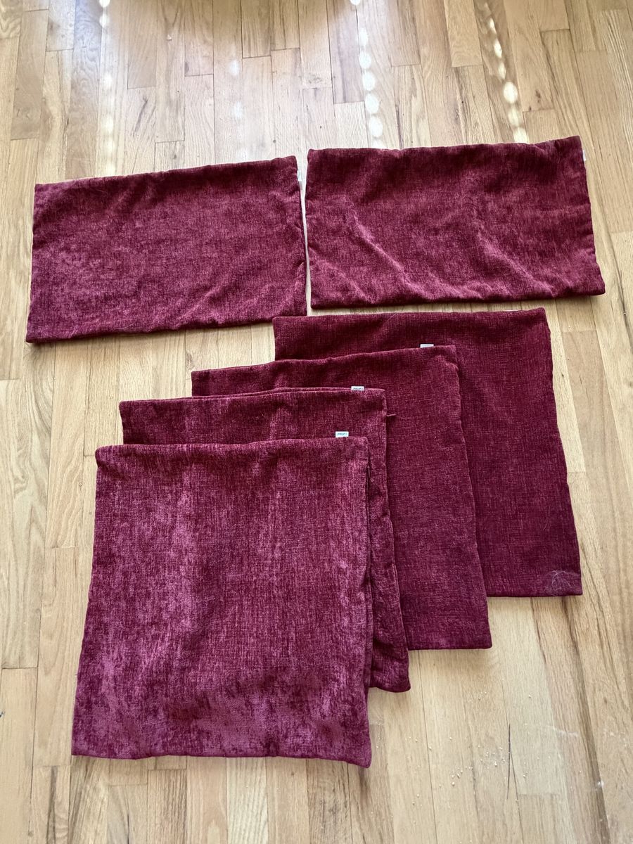 6 Pieces Chenille Pillow COVERS, (4) 18" x 18", (2) 19-1/2” W x 12-1/2” H Lumbar Burgundy
