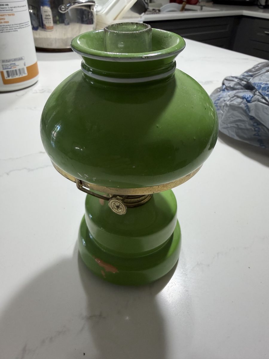 Vintage Green Ceramic Oil Lamp - 7.5" Tall, Kerosene Lantern Style with Wick