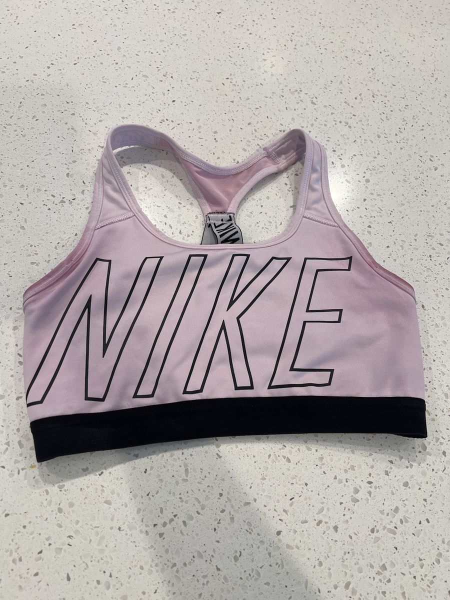Nike Women's Pink Dri-Fit Racerback Sports Bra with Bold Logo - Size Medium
