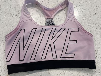 Nike Women's Pink Dri-Fit Racerback Sports Bra with Bold Logo - Size Medium