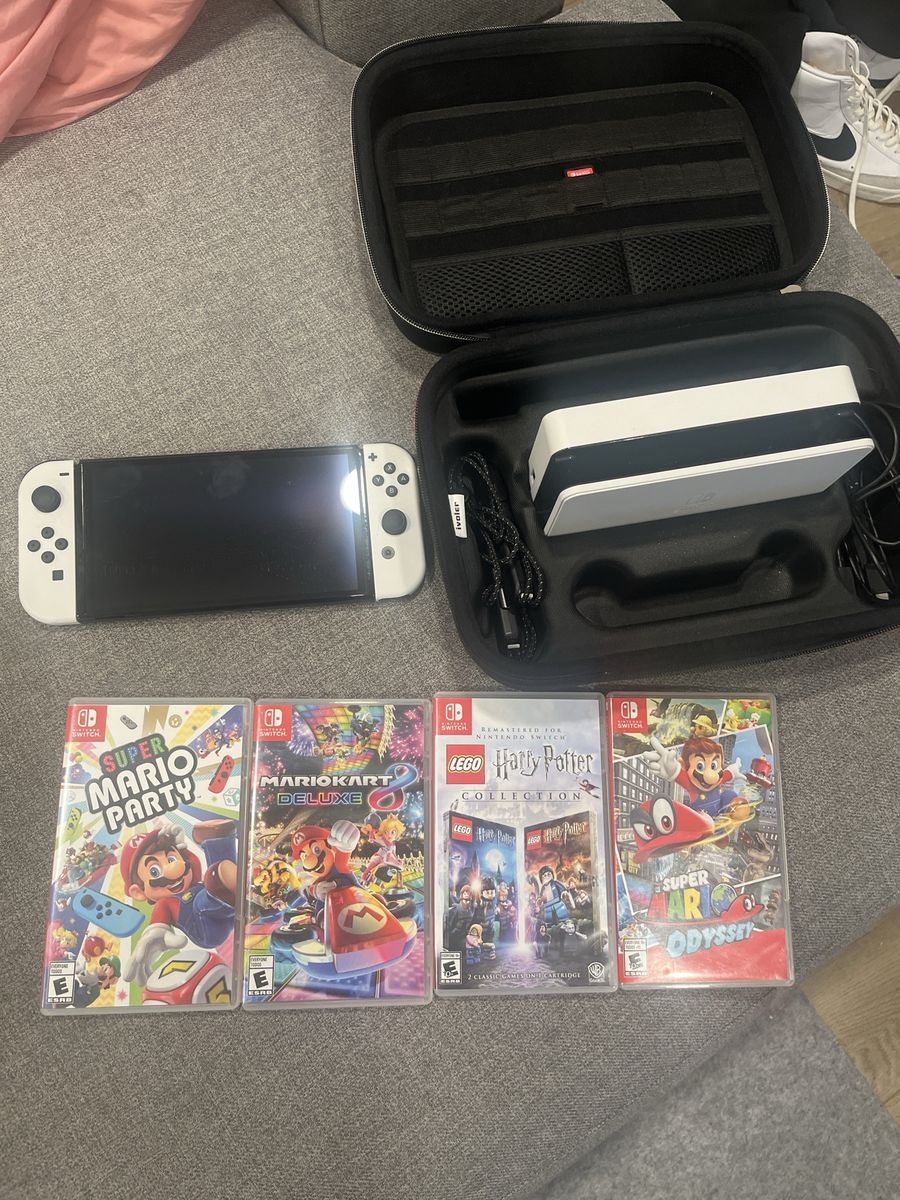Nintendo Switch OLED Model White with Dock, Case, and 4 Games