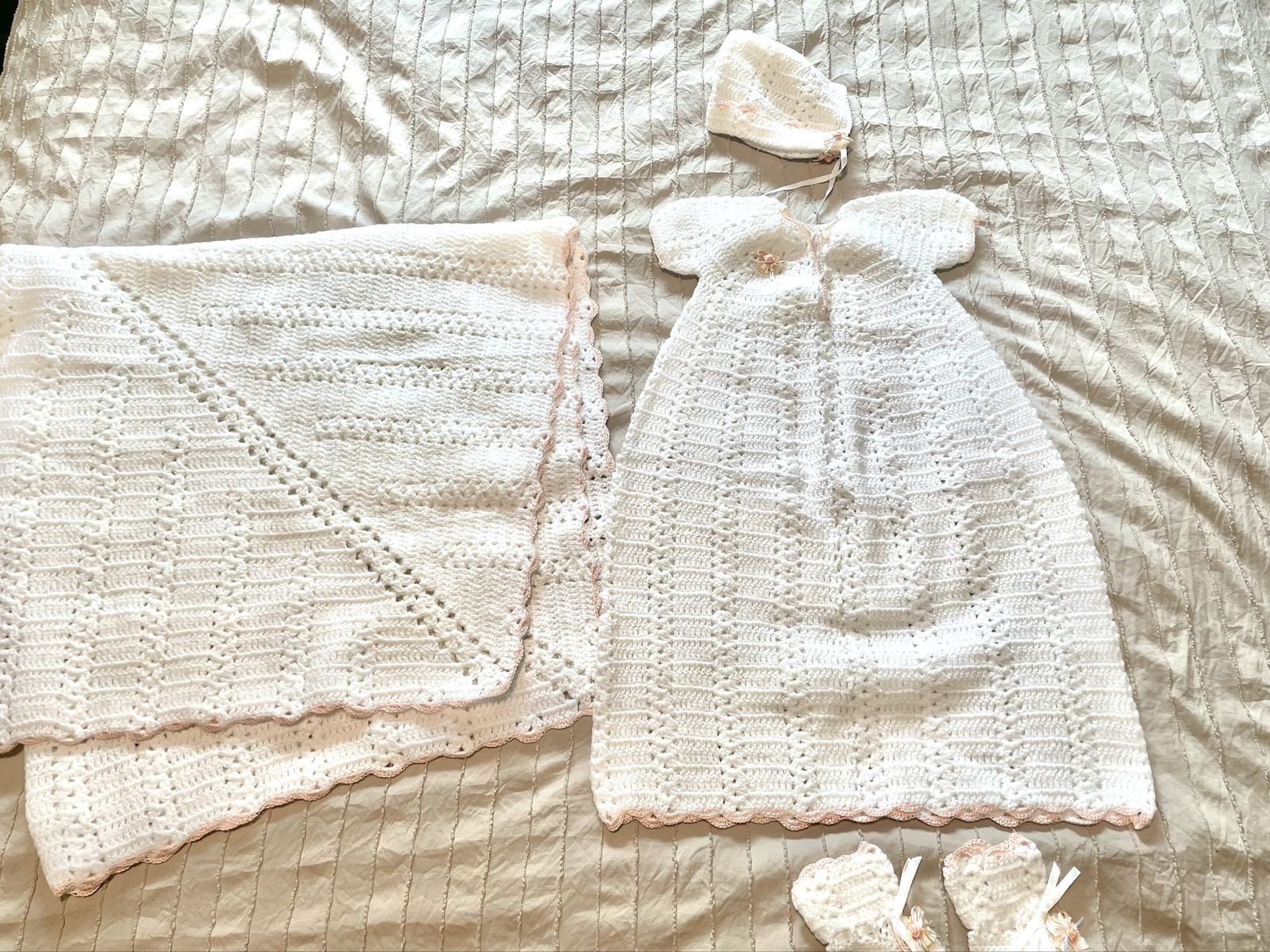 Handmade Crochet Baby Blanket, Dress, Bonnet, Booties Set
