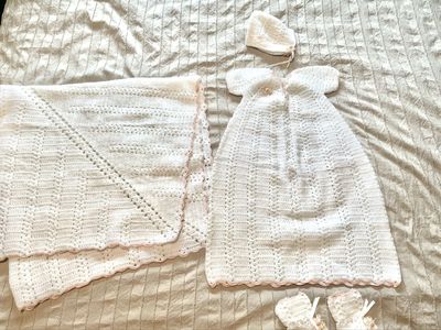 Handmade Crochet Baby Blanket, Dress, Bonnet, Booties Set