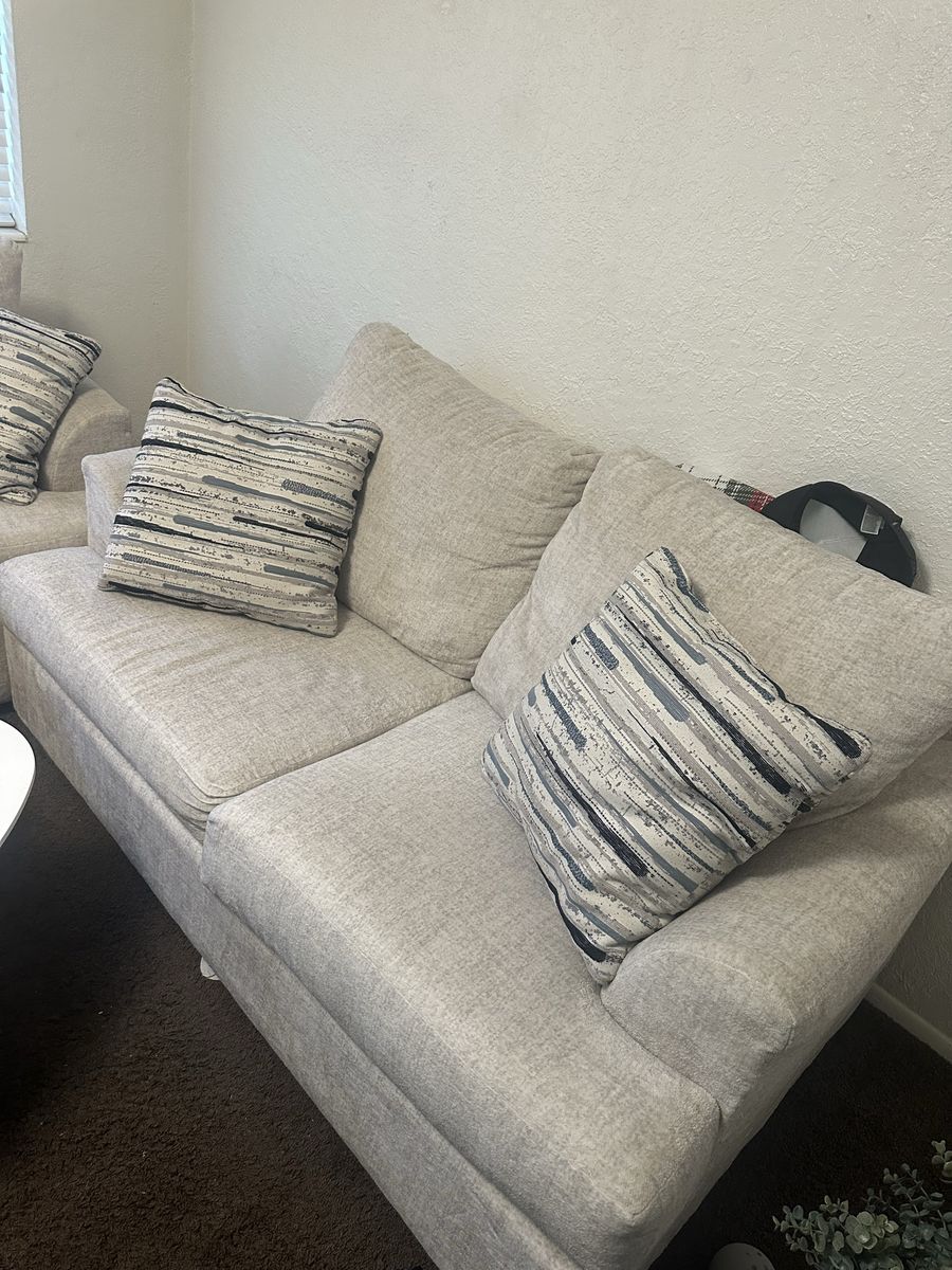 Light Gray Fabric Couch & Loveseat Set with Throw Pillows