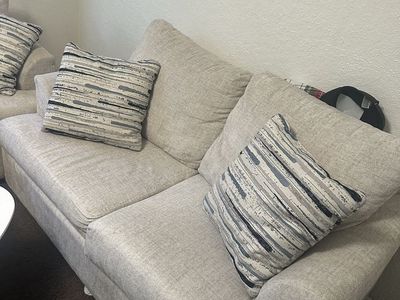 Light Gray Fabric Couch & Loveseat Set with Throw Pillows