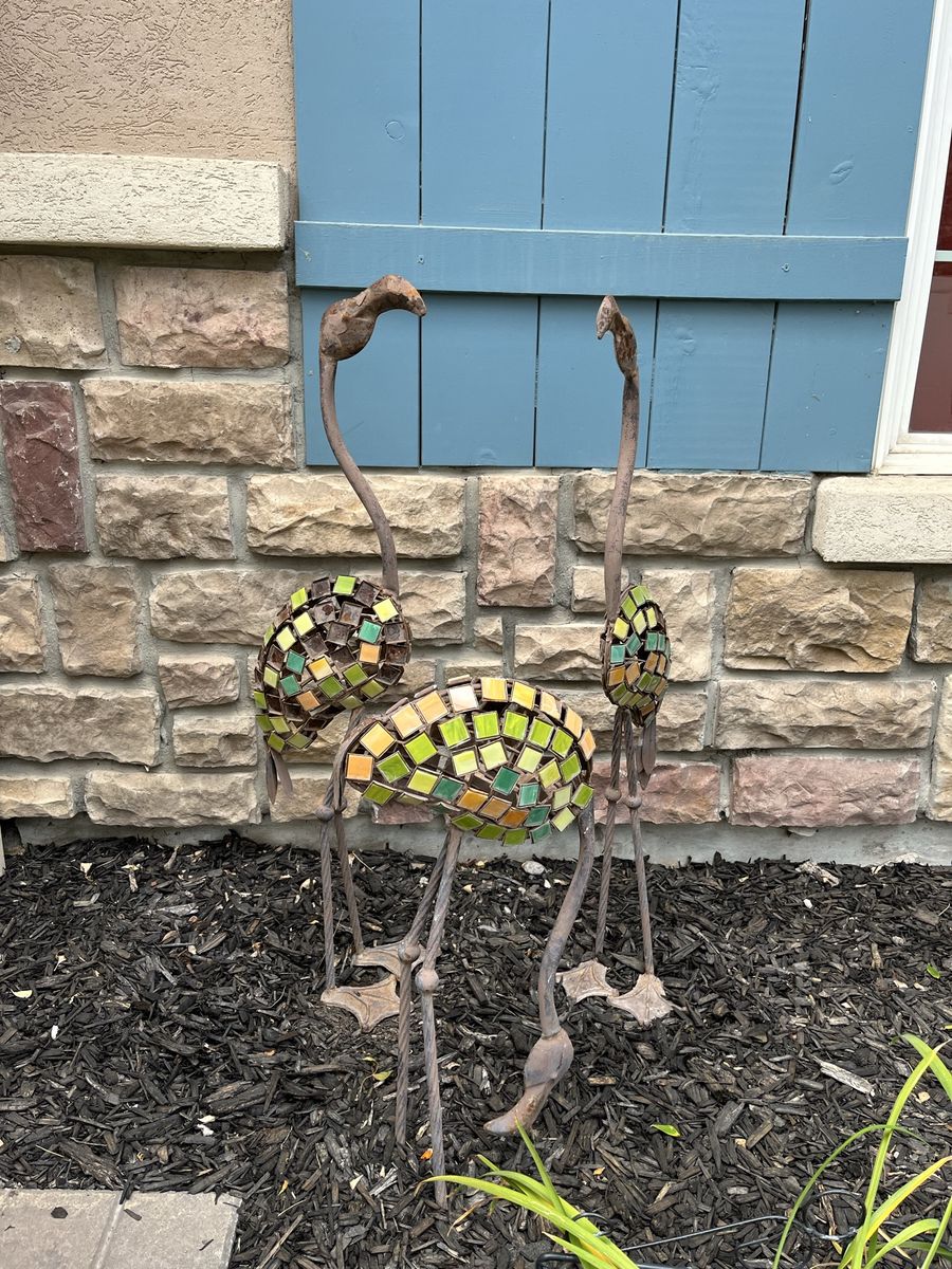 3 Metal and Mosaic Yard Flamingo Garden Sculptures/Decorations 