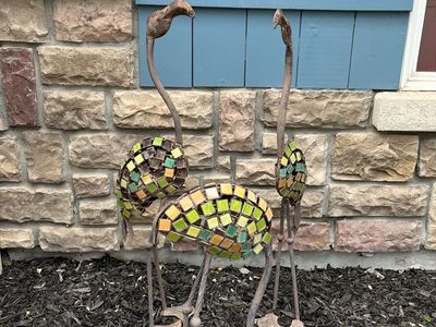 3 Metal and Mosaic Yard Flamingo Garden Sculptures/Decorations