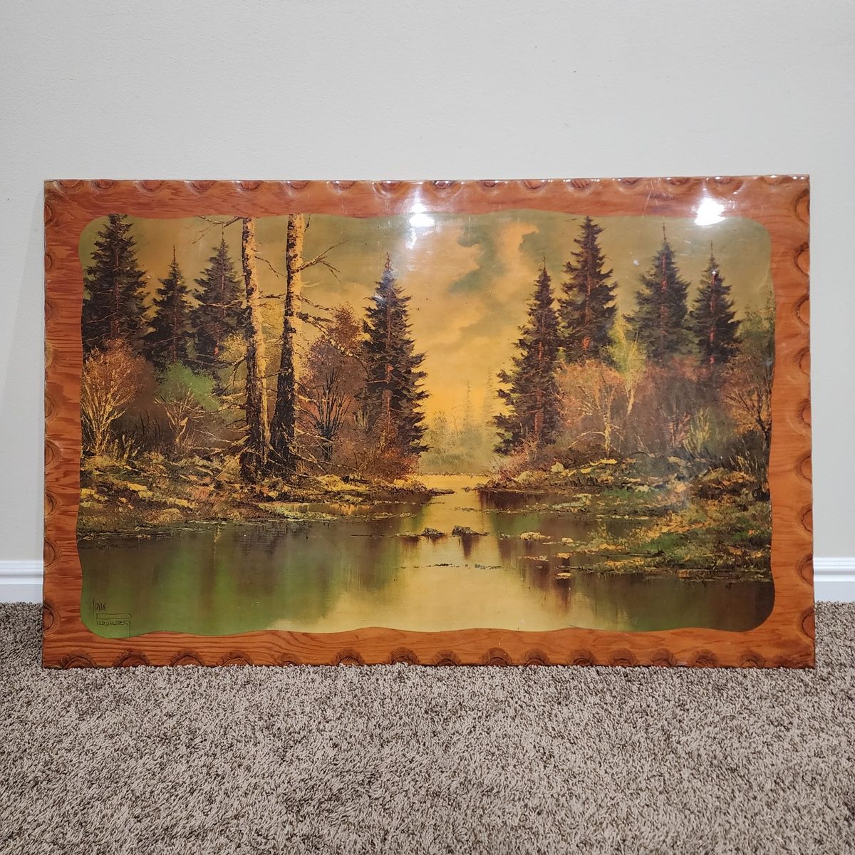 VINTAGE SOLID WOOD ARTWORK ART MCM STYLE LANDSCAPE FORREST BY ISTVAN PORUBSZKY LACQUERED WOOD NICE!