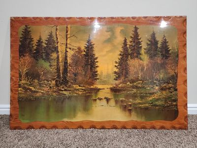 VINTAGE SOLID WOOD ARTWORK ART MCM STYLE LANDSCAPE FORREST BY ISTVAN PORUBSZKY LACQUERED WOOD NICE!