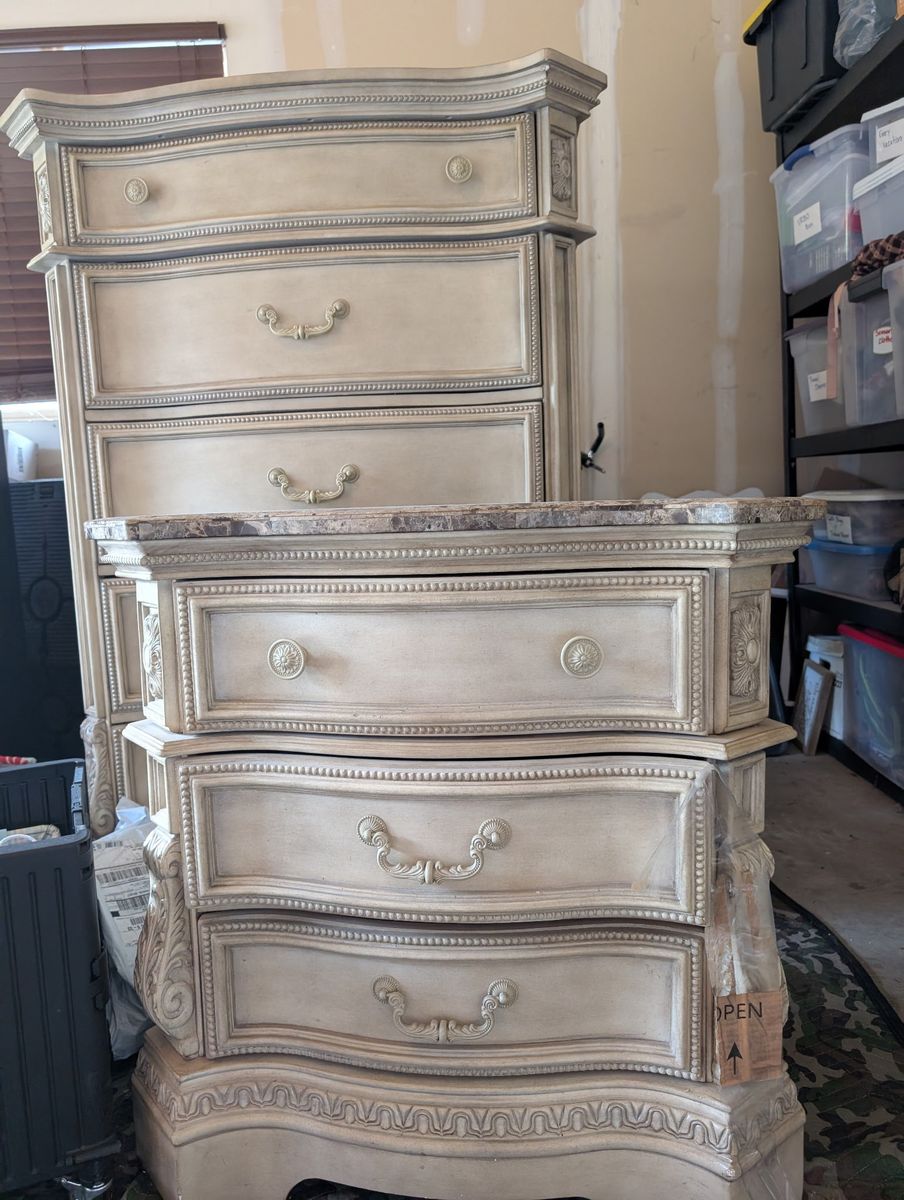 Ornate French Provincial Cream Chest of Drawers & Nightstand Set - Marble Tops, Carved Details