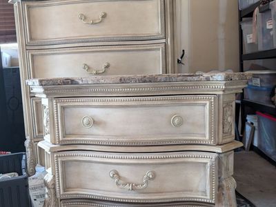 Ornate French Provincial Cream Chest of Drawers & Nightstand Set - Marble Tops, Carved Details