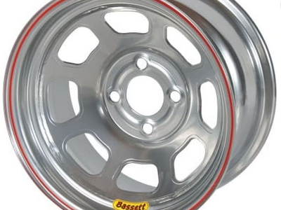 New - (1) Bassett 57RH3S 15x7 DOT D-Hole 4x100 mm 3" Bckspc Silver Wheel
