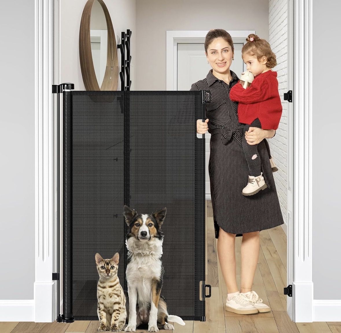 Retractable Pet/Baby Safety Gate, 48-Inch Tall, Extends to 55-Inch Wide, Black Mesh - New!