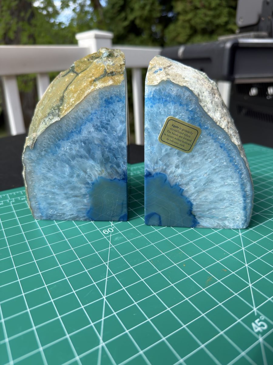 Agate Geode Bookends Blue White Crystal Stone Polished Home Decor Office Gift Set of 2
