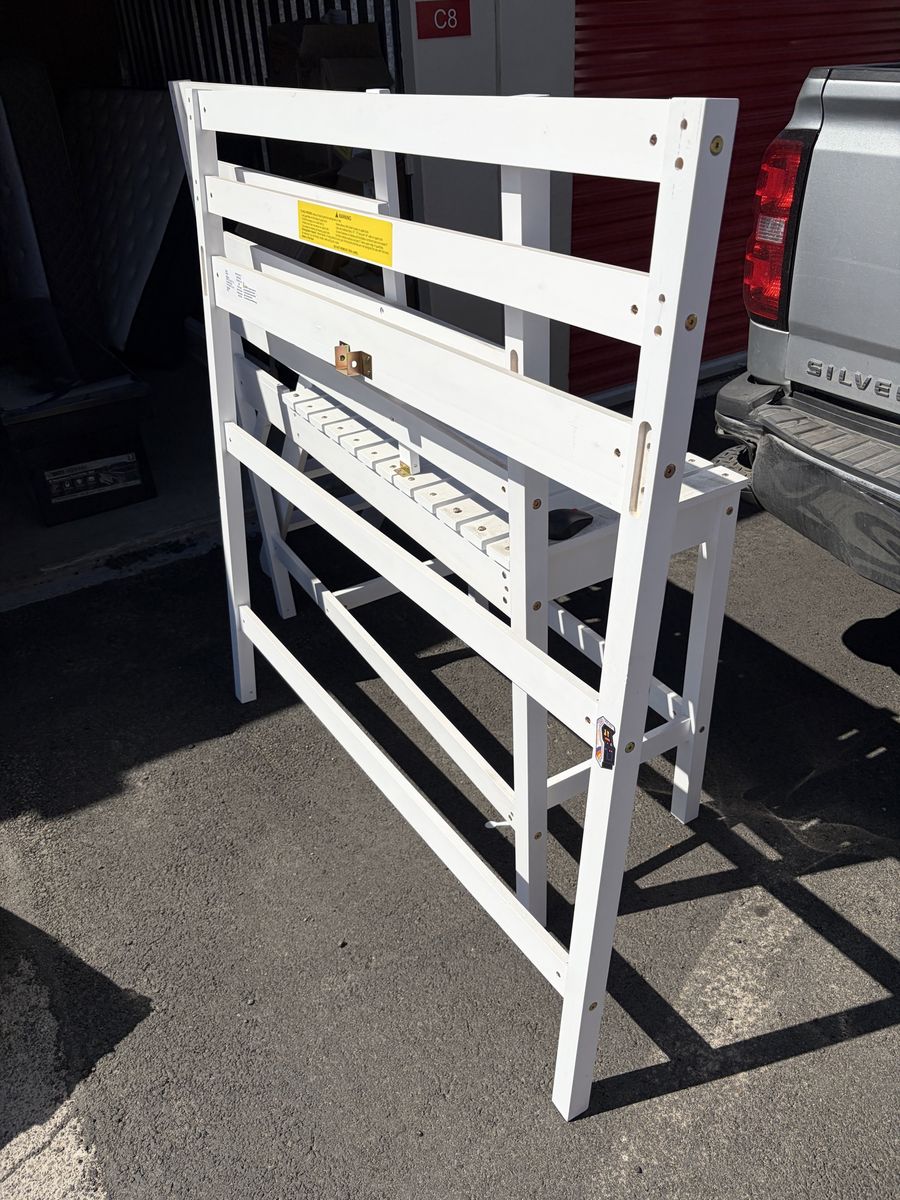 White Wood Bunk Bed Frame & 2 Queen Mattresses - One New, One Used - Storage Unit Clearout