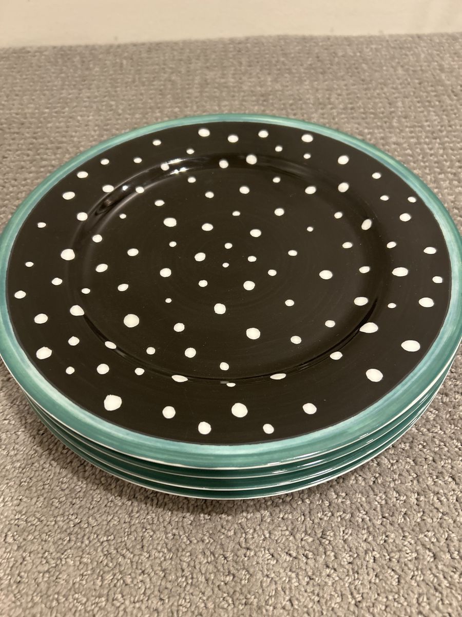 Set of 4 Black & White Polka Dot Dinner Plates with Teal Rim - Ceramic Dinnerware