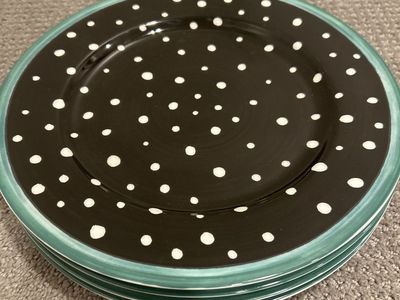 Set of 4 Black & White Polka Dot Dinner Plates with Teal Rim - Ceramic Dinnerware