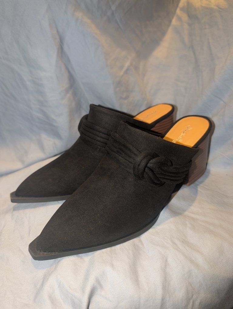 Qupid Black Faux Suede Pointed Toe Mules with Knot Detail