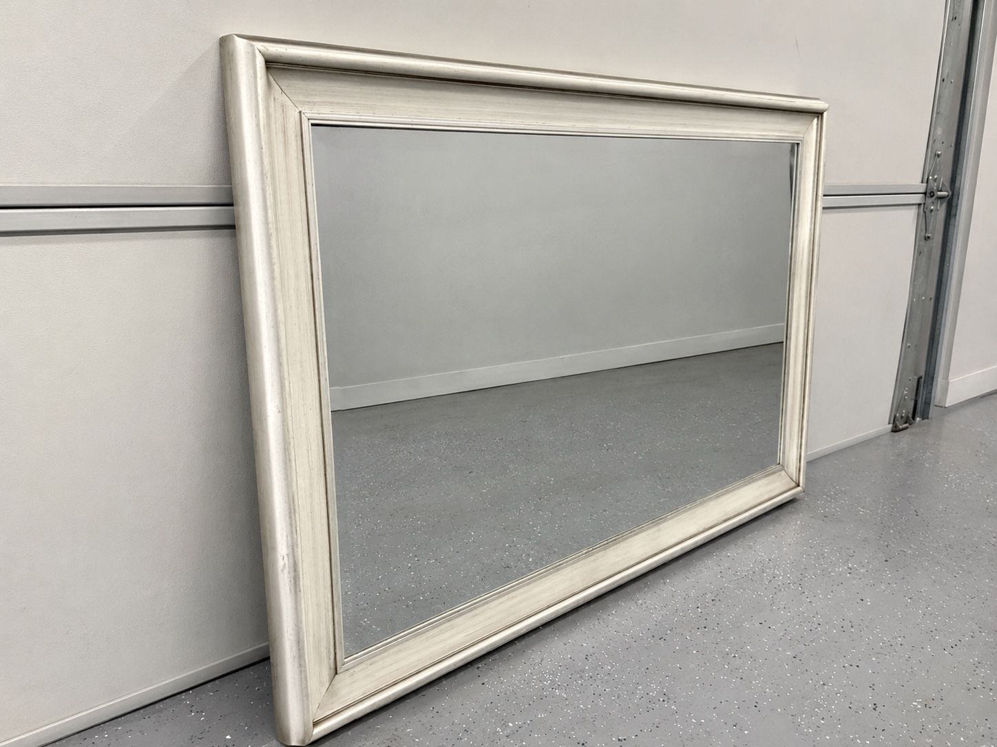 Large Framed Wall Mirror, Distressed Creamy Silver Finish, Versatile Home Decor Accent