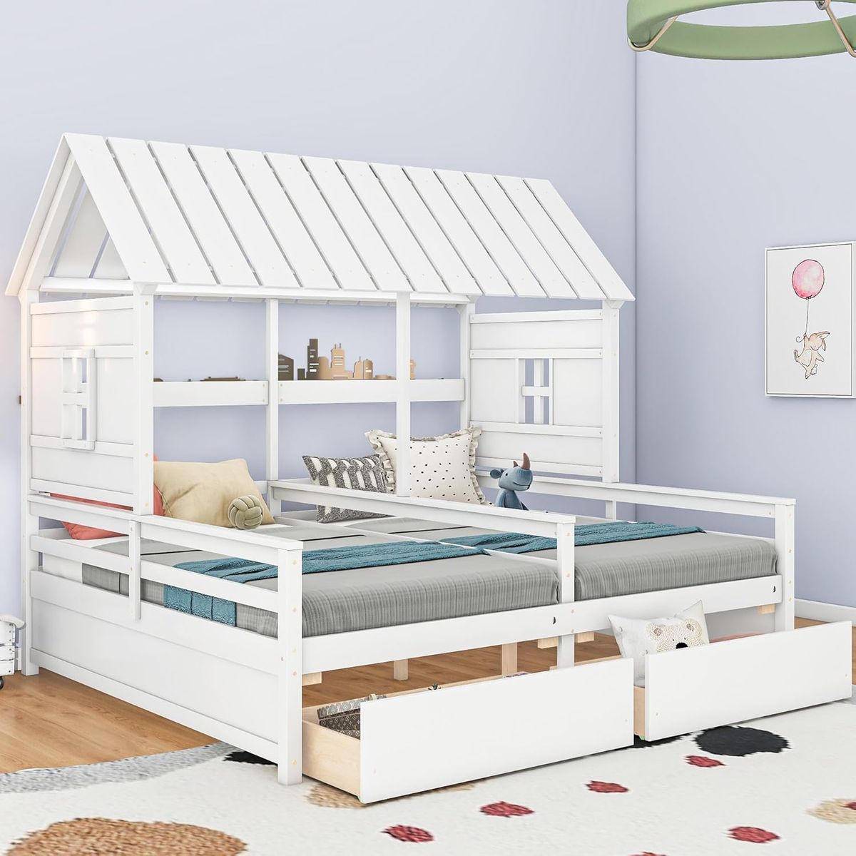 Double Shared Bed, Two Twin Size House Platform Beds with Drawers