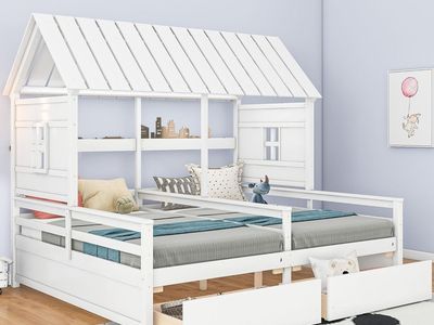 Double Shared Bed, Two Twin Size House Platform Beds with Drawers