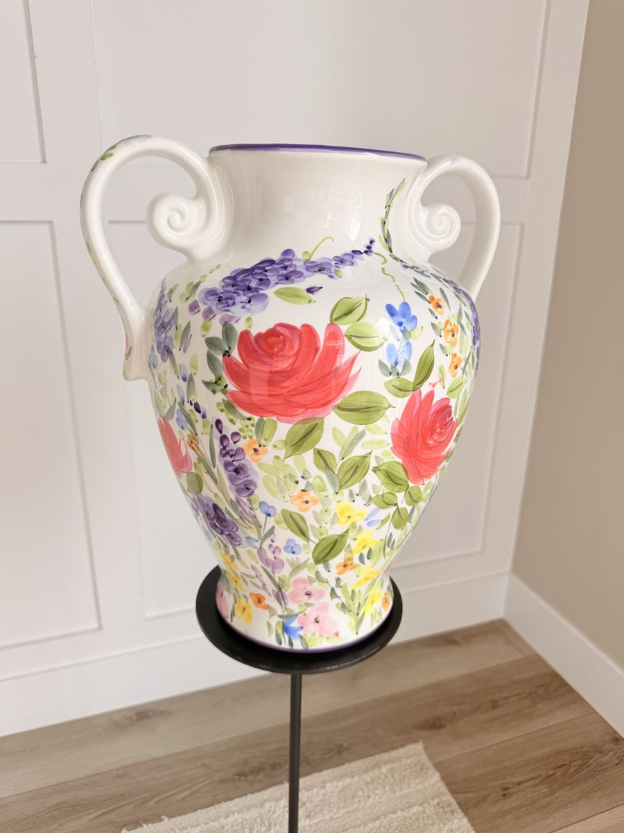 Large Hand-Painted Ceramic Urn Vase with Floral Rose Design and Double Handles Don Swanson 17" 