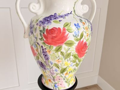 Large Hand-Painted Ceramic Urn Vase with Floral Rose Design and Double Handles Don Swanson 17"
