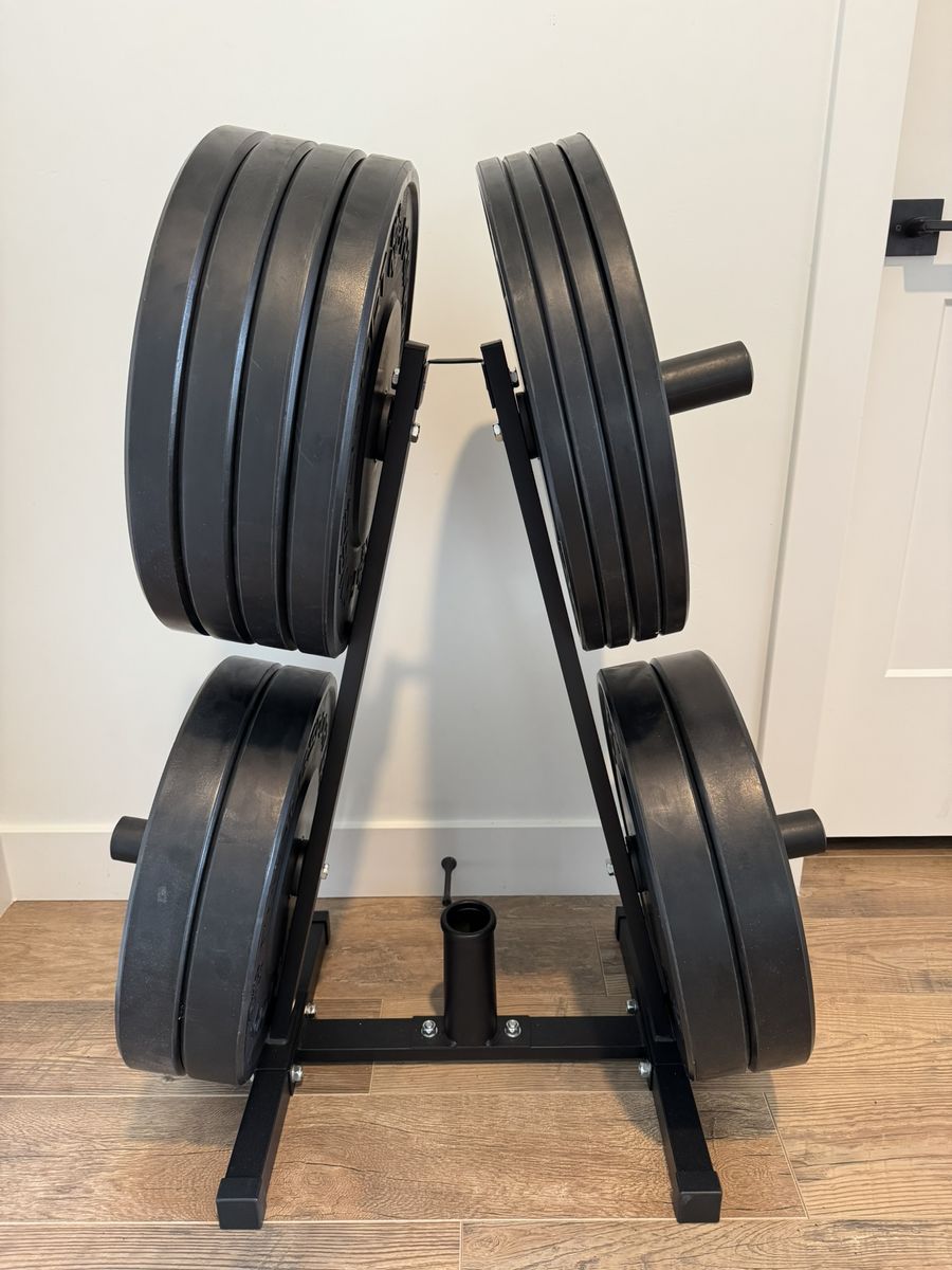 Fringe Sport olympic black bumper plates - like new (never used) - 320lbs with weight tree