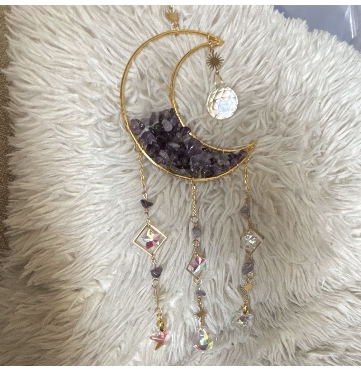 Handmade Amethyst Crescent Moon Suncatcher with Crystal Prisms & Gold Accents, Wall Hanging Decor