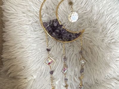 Handmade Amethyst Crescent Moon Suncatcher with Crystal Prisms & Gold Accents, Wall Hanging Decor