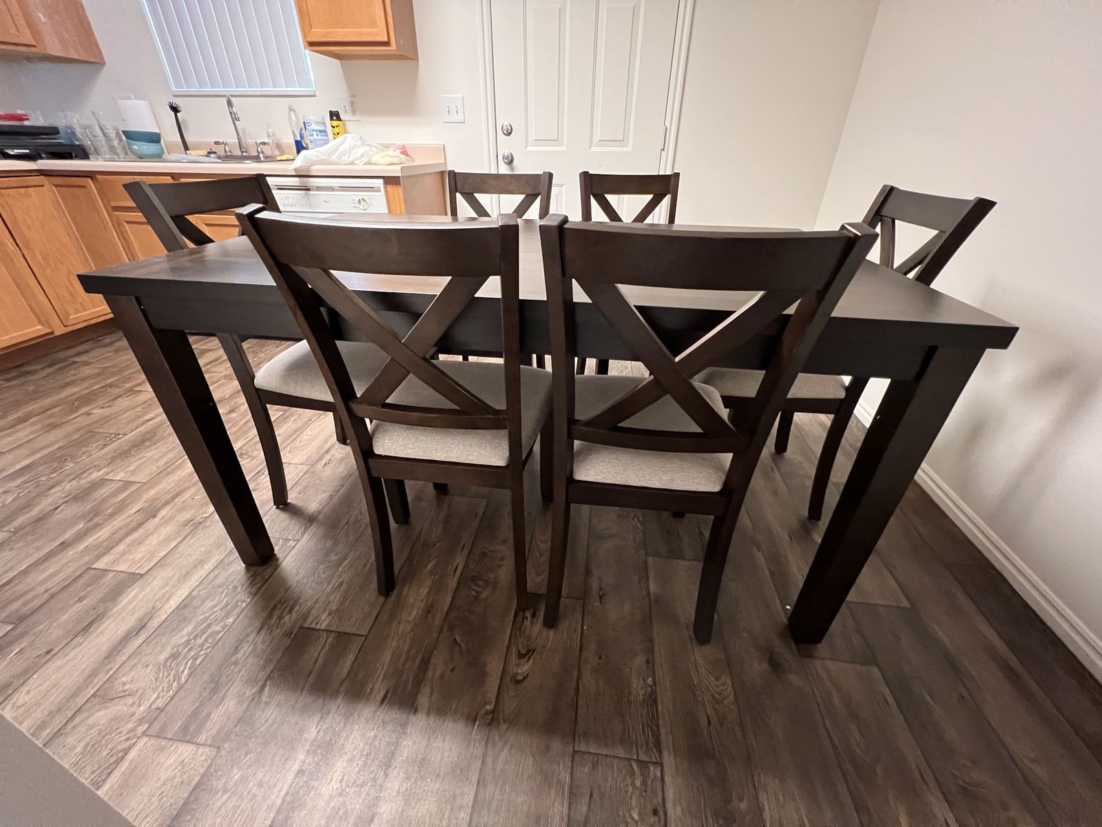 Dark Wood Dining Room Table Set with 6 X-Back Upholstered Chairs