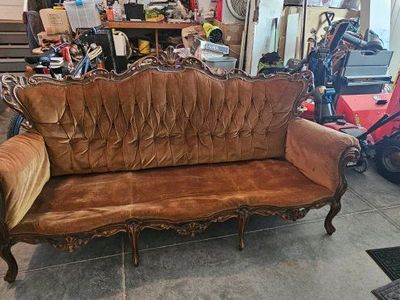 Vintage Ornate Carved Wood & Velvet Sofa/Couch - Brown/Gold Tufted 3-Seater Loveseat