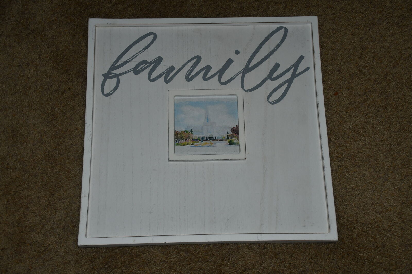 WOODEN "FAMILY" WALL HANGING ~ 17" x 17" ~ TEMPLE PICTURE ( PICTURE CAN BE CHANGED)