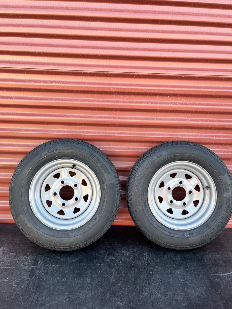 Set of 2 Rainier ST 145R 12 Trailer Tires Mounted on New Silver Spoke Wheels          D Load 8 Ply  Rated 5 on 4.5 Brand New