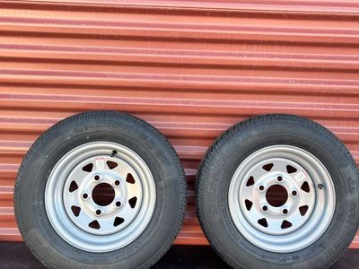 Set of 2 Rainier ST 145R 12 Trailer Tires Mounted on New Silver Spoke Wheels D Load 8 Ply Rated 5 on 4.5 Brand New