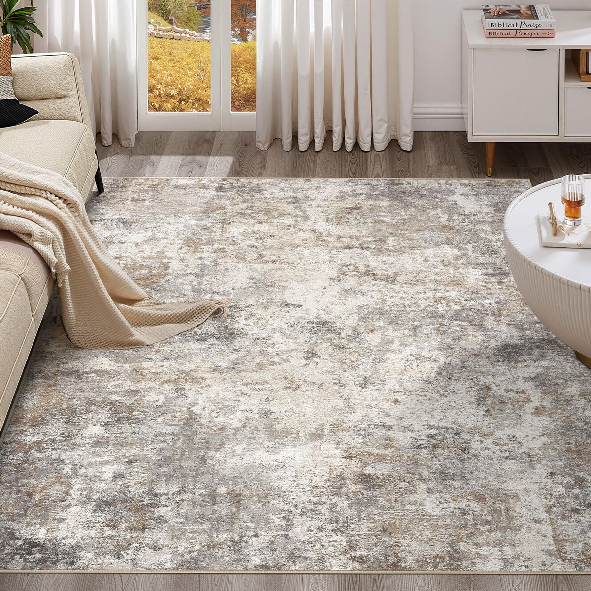 New Square Area Rugs : Washable 8x8 Neutral Modern Abstract Carpet for Living Room Bedroom
