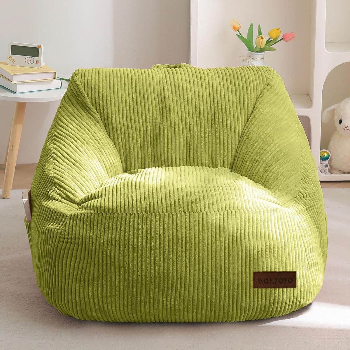 Green Kids Bean Bag Chair with Handle, Comfy Toddler Chair for Boys and Girls, Accent Sofa Chair with Pocket
