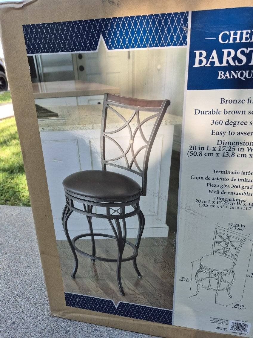Chelsea Bronze Finish Barstools (2) w/ Brown Seat, 360 Swivel, Easy Assemble
