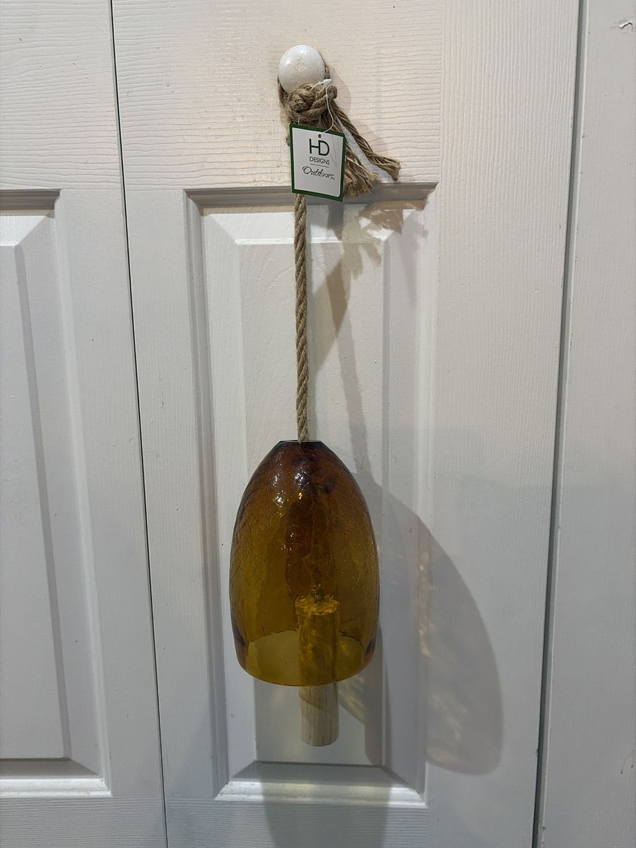 HD Designs Outdoors Large High End Amber Crackle Glass & Rope Bell Wind Chime- REDUCED