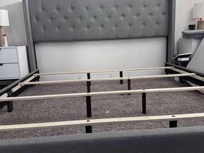 King Size Tufted Grey Upholstered Platform Bed Frame with Nailhead Trim, Excellent Condition