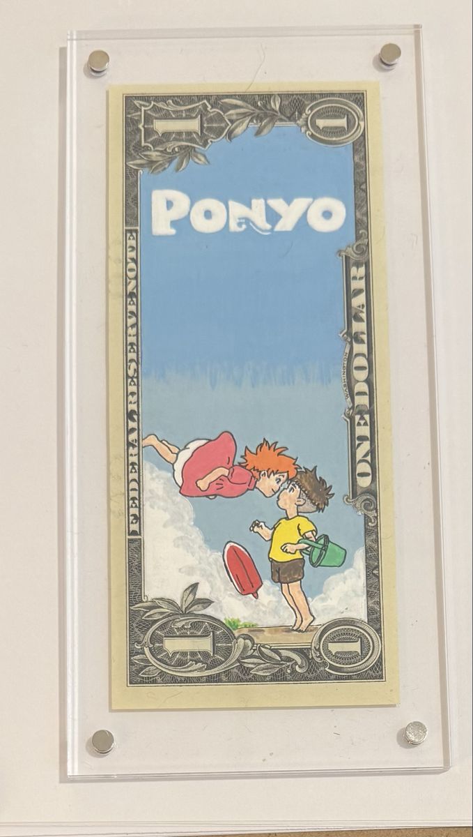 Custom Ponyo (Studio Ghibli) hand painted Art on on Dollar Bill in Acrylic Case