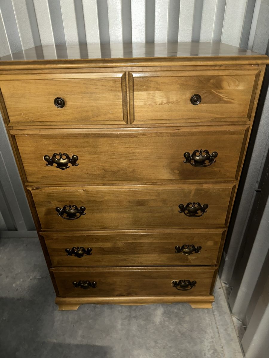 Wooden 5-Drawer Dresser with Brass Hardware - Used Good Condition