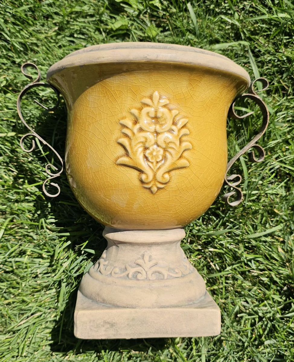 Decorative Yellow Ceramic Urn Planter with Metal Handles and Relief Design
11"Tx11"W Opening 6" W