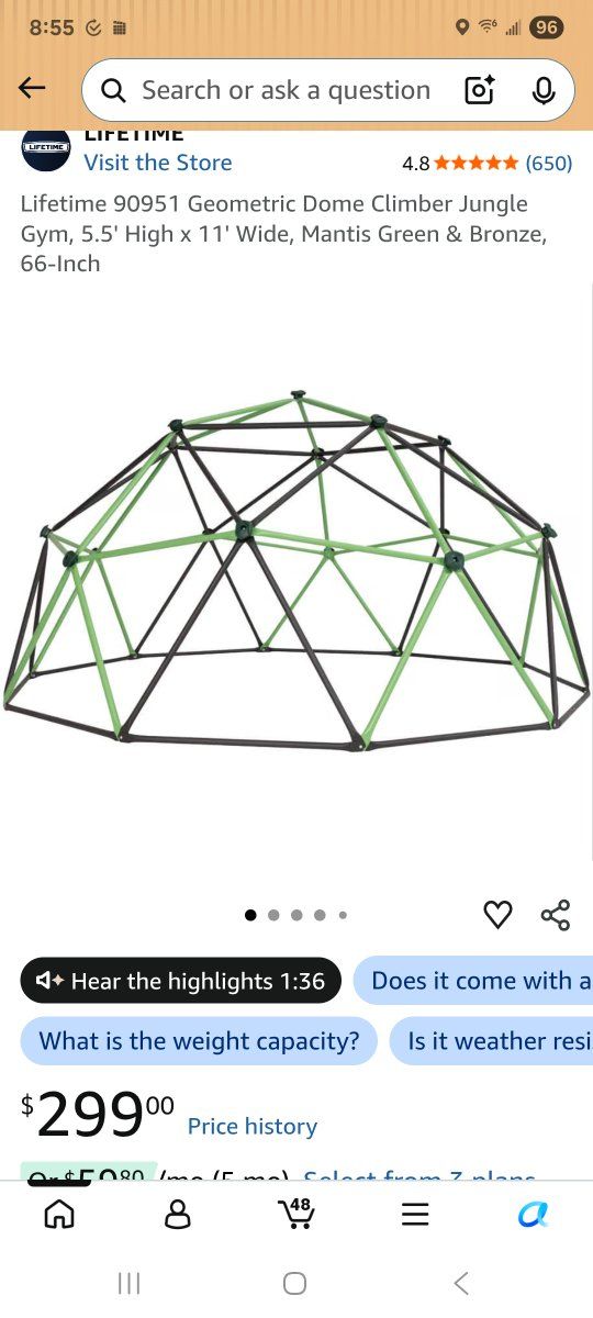 NIB- Lifetime Geometric Dome Climber Jungle Gym - 5.5' High x 11' Wide