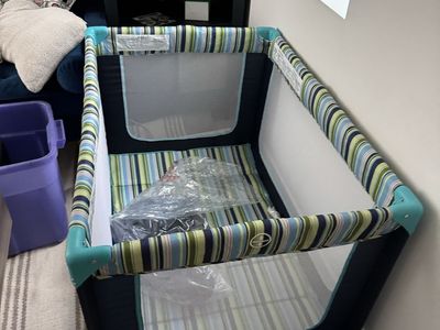 Unbranded Portable Baby Playard/Mini Crib - Blue & Green Stripes
