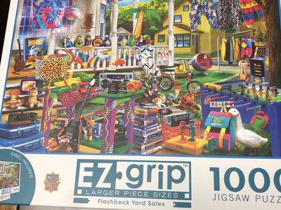 Lot of 4 Jigsaw Puzzles 1000 Pieces Each - MasterPieces Flashback Yard Sales & White Mountain Coastal Paradise