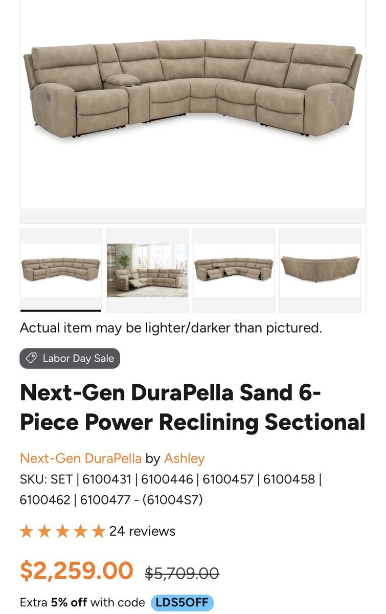 Ashley Next-Gen DuraPella Sand 6-Piece Power Reclining Sectional