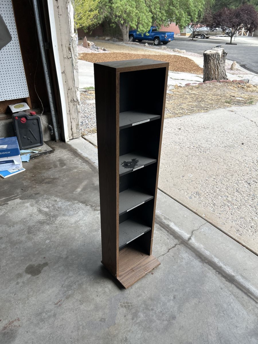 Tall Dark Wood Grain Media Storage Tower & Shelving Unit