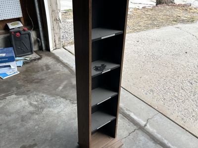 Tall Dark Wood Grain Media Storage Tower & Shelving Unit