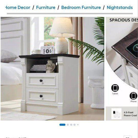 NIB- 26in Tall Nightstand with Charging Station & 2 Drawers